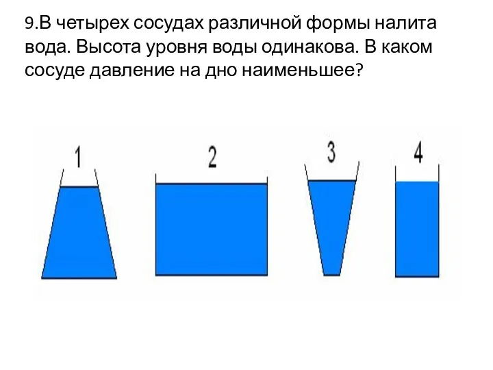 9.В четырех сосудах различной формы налита вода. Высота уровня воды