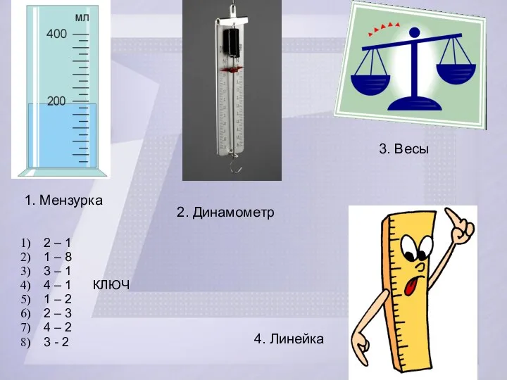 1. Мензурка 2. Динамометр 3. Весы 4. Линейка 2 –