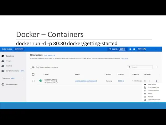 Docker – Containers docker run -d -p 80:80 docker/getting-started