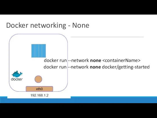 Docker networking - None docker run --network none docker/getting-started docker run --network none