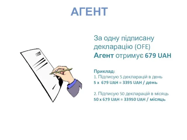 За одну підписану декларацію (OFE) Агент отримує 679 UAH Приклад: