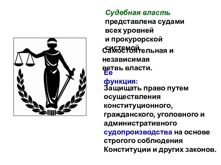 Судебная власть представлена судами всех уровней и прокурорской системой. Самостоятельная