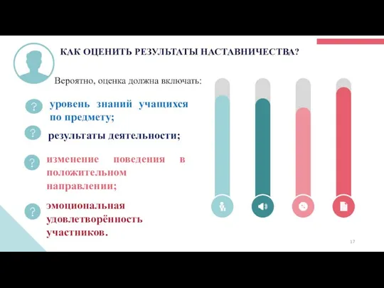 КАК ОЦЕНИТЬ РЕЗУЛЬТАТЫ НАСТАВНИЧЕСТВА? Вероятно, оценка должна включать: уровень знаний учащихся по предмету; результаты деятельности;