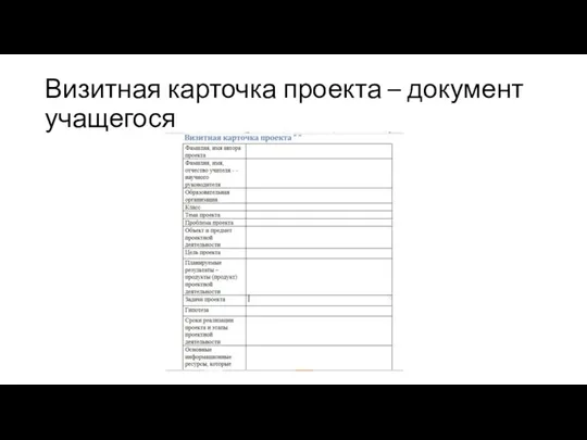 Визитная карточка проекта – документ учащегося