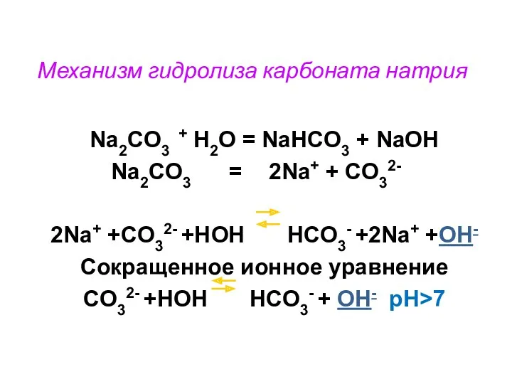 Механизм гидролиза карбоната натрия Na2CO3 + H2O = NaHCO3 +