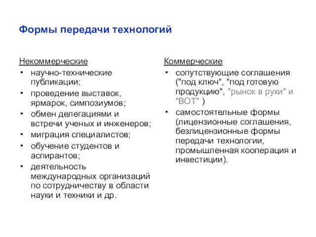 Формы передачи технологий Некоммерческие научно-технические публикации; проведение выставок, ярмарок, симпозиумов;