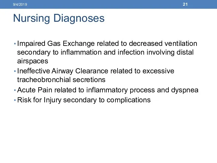 Nursing Diagnoses Impaired Gas Exchange related to decreased ventilation secondary to inflammation and