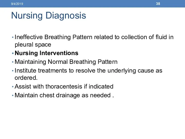 Nursing Diagnosis Ineffective Breathing Pattern related to collection of fluid in pleural space