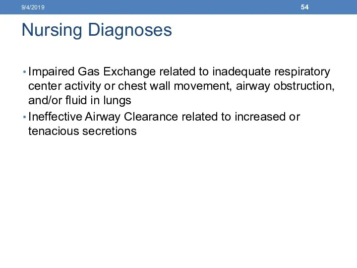 Nursing Diagnoses Impaired Gas Exchange related to inadequate respiratory center activity or chest
