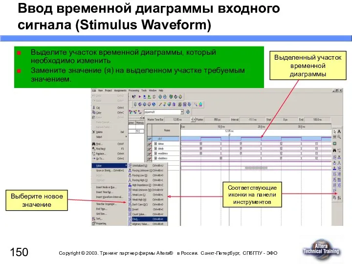 Ввод временной диаграммы входного сигнала (Stimulus Waveform) Выделите участок временной