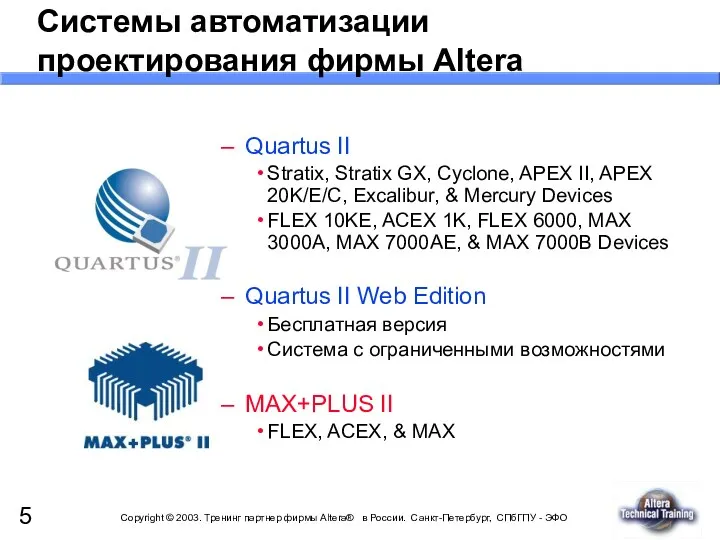 Системы автоматизации проектирования фирмы Altera Quartus II Stratix, Stratix GX, Cyclone, APEX II,