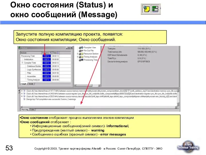 Окно состояния (Status) и окно сообщений (Message) Окно состояния отображает процесс выполнения этапов