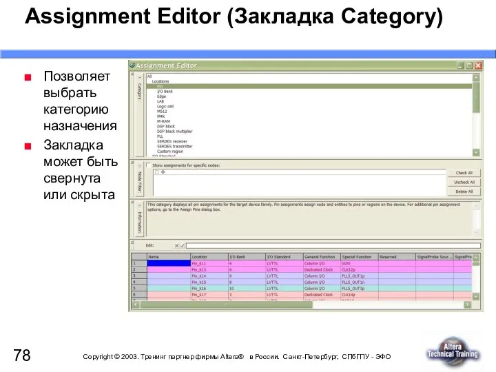 Assignment Editor (Закладка Category) Позволяет выбрать категорию назначения Закладка может быть свернута или скрыта