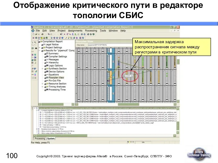 Отображение критического пути в редакторе топологии СБИС Максимальная задержка распространения сигнала между регистрами в критическом пути