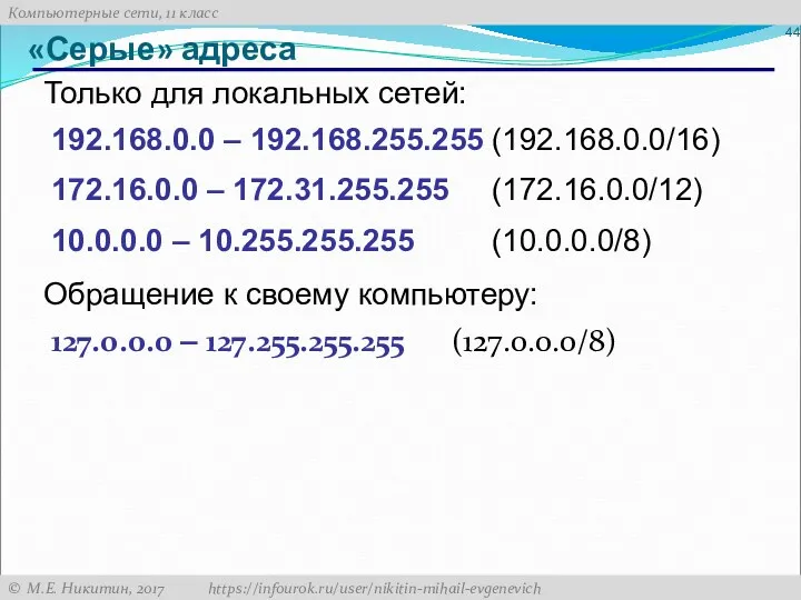 «Серые» адреса 192.168.0.0 – 192.168.255.255 (192.168.0.0/16) 172.16.0.0 – 172.31.255.255 (172.16.0.0/12)