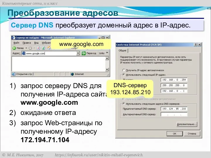 Преобразование адресов Сервер DNS преобразует доменный адрес в IP-адрес. www.google.com