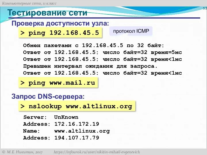 Тестирование сети Проверка доступности узла: > ping 192.168.45.5 Обмен пакетами