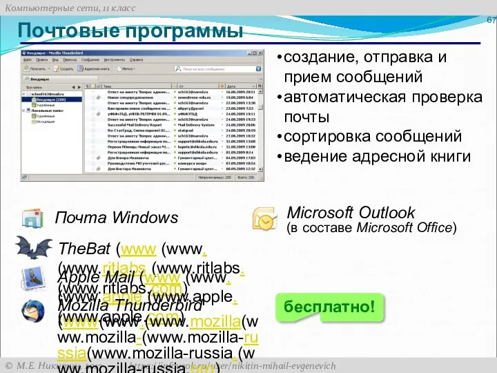 Почтовые программы Почта Windows Microsoft Outlook (в составе Microsoft Office)