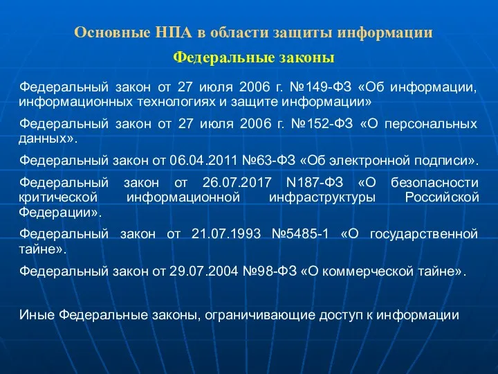 Основные НПА в области защиты информации Федеральные законы Федеральный закон