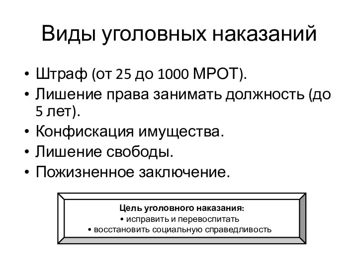 Виды уголовных наказаний Штраф (от 25 до 1000 МРОТ). Лишение