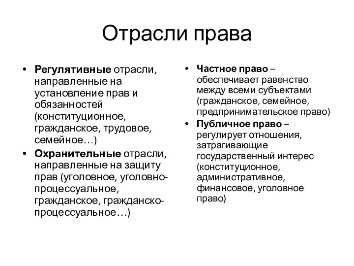 Отрасли права Регулятивные отрасли, направленные на установление прав и обязанностей