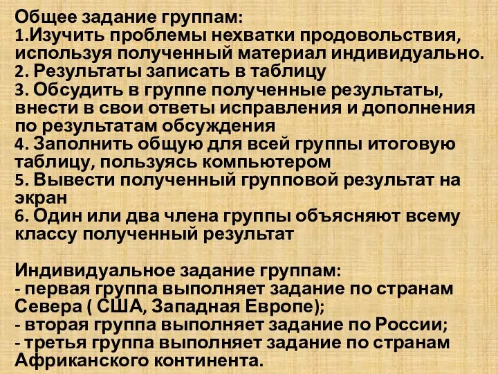 Общее задание группам: 1.Изучить проблемы нехватки продовольствия, используя полученный материал