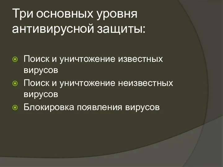 Три основных уровня антивирусной защиты: Поиск и уничтожение известных вирусов