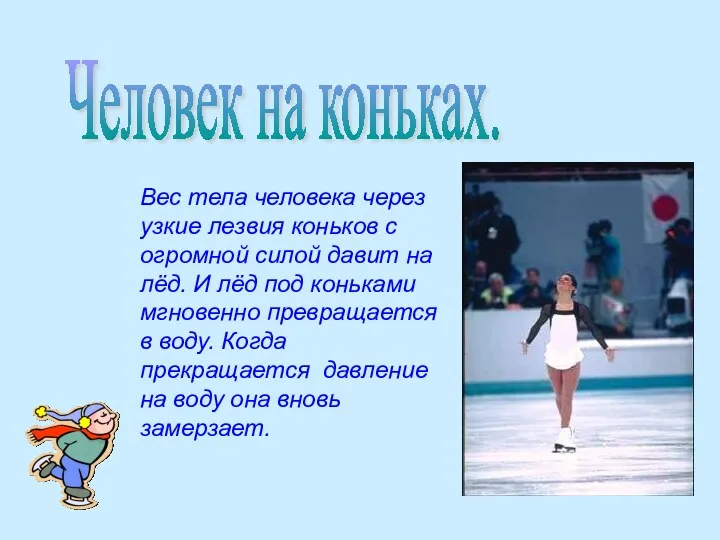 Вес тела человека через узкие лезвия коньков с огромной силой давит на лёд.