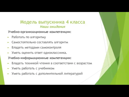 Модель выпускника 4 класса Наши ожидания Учебно-организационные компетенции: Работать по алгоритму Самостоятельно составлять