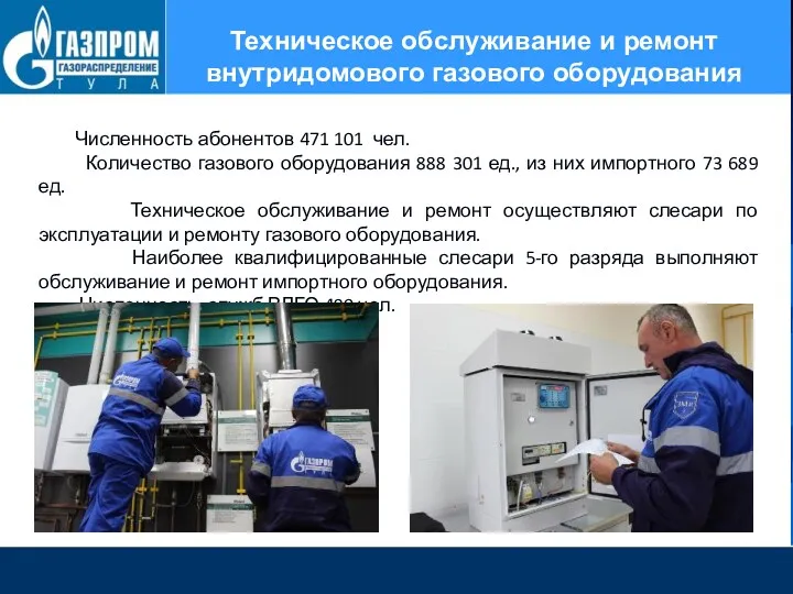 Техническое обслуживание и ремонт внутридомового газового оборудования Численность абонентов 471