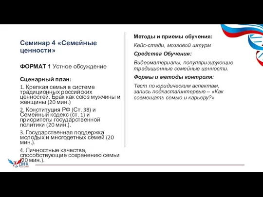 Семинар 4 «Семейные ценности» ФОРМАТ 1 Устное обсуждение Сценарный план: