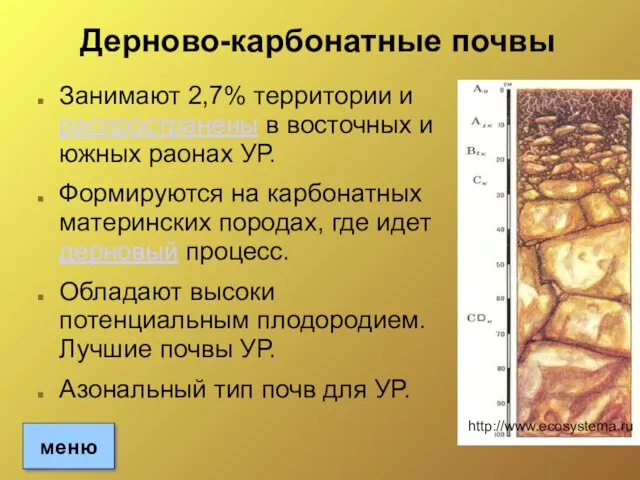 Дерново-карбонатные почвы Занимают 2,7% территории и распространены в восточных и