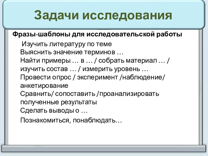 Задачи исследования Фразы-шаблоны для исследовательской работы Изучить литературу по теме Выяснить значение терминов