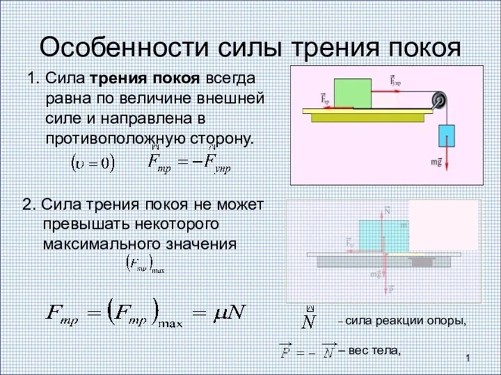 Особенности силы трения покоя 1. Сила трения покоя всегда равна