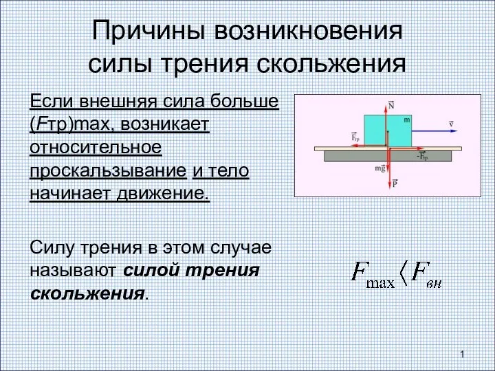 Причины возникновения силы трения скольжения Если внешняя сила больше (Fтр)max,