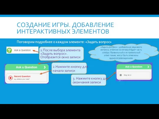 СОЗДАНИЕ ИГРЫ. ДОБАВЛЕНИЕ ИНТЕРАКТИВНЫХ ЭЛЕМЕНТОВ Поговорим подробнее о каждом элементе: «Задать вопрос» «Задать