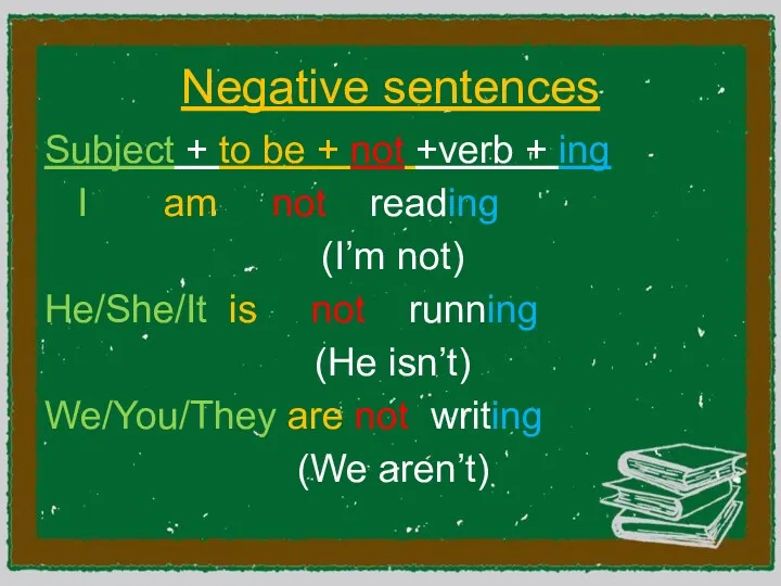 Negative sentences Subject + to be + not +verb +