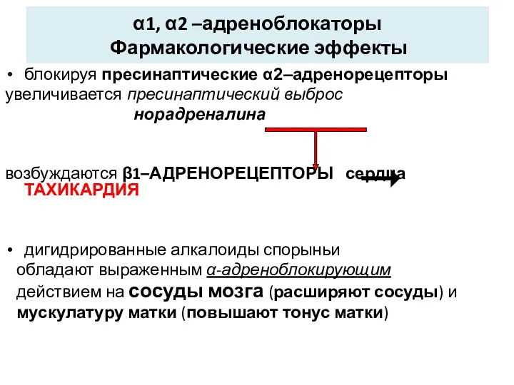 α1, α2 –адреноблокаторы Фармакологические эффекты блокируя пресинаптические α2–адренорецепторы увеличивается пресинаптический