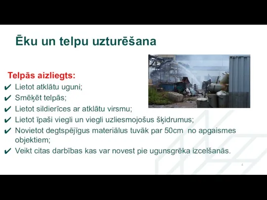 Ēku un telpu uzturēšana Telpās aizliegts: Lietot atklātu uguni; Smēķēt