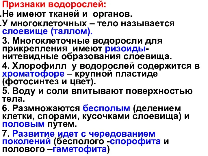 Признаки водорослей: Не имеют тканей и органов. У многоклеточных –