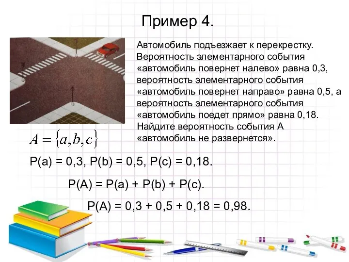 Пример 4. Автомобиль подъезжает к перекрестку. Вероятность элементарного события «автомобиль