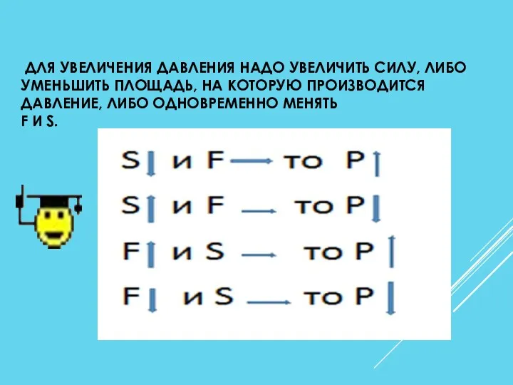 ДЛЯ УВЕЛИЧЕНИЯ ДАВЛЕНИЯ НАДО УВЕЛИЧИТЬ СИЛУ, ЛИБО УМЕНЬШИТЬ ПЛОЩАДЬ, НА