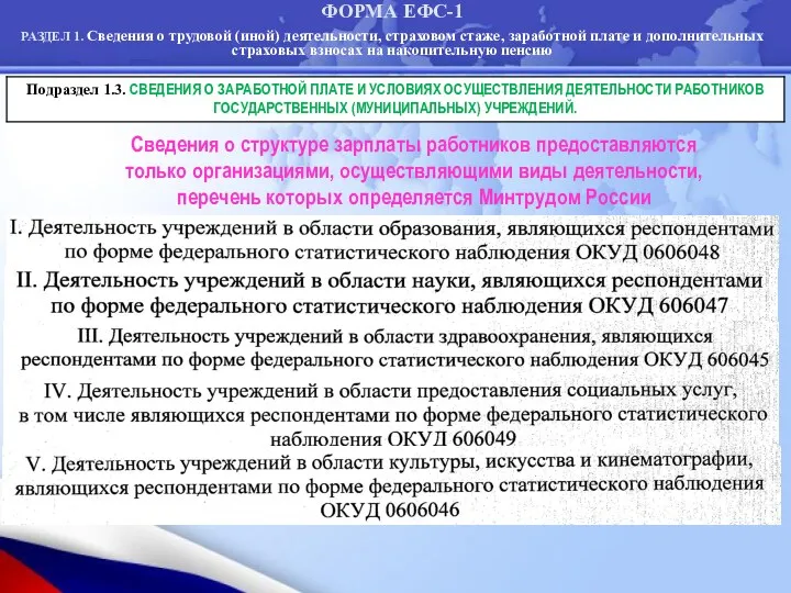 ФОРМА ЕФС-1 РАЗДЕЛ 1. Сведения о трудовой (иной) деятельности, страховом стаже, заработной плате