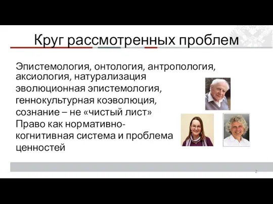 Круг рассмотренных проблем Эпистемология, онтология, антропология, аксиология, натурализация эволюционная эпистемология,