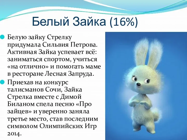 Белый Зайка (16%) Белую зайку Стрелку придумала Сильвия Петрова. Активная