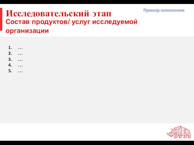 Исследовательский этап … … … … … Состав продуктов/ услуг исследуемой организации