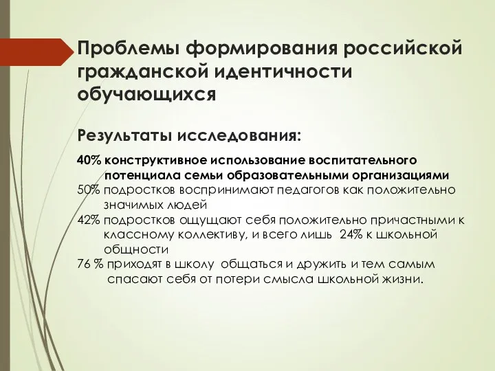 Проблемы формирования российской гражданской идентичности обучающихся Результаты исследования: 40% конструктивное использование воспитательного потенциала