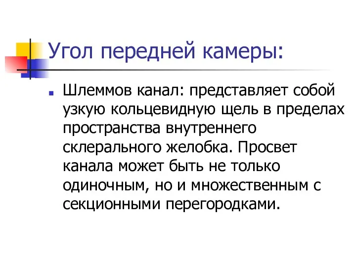 Угол передней камеры: Шлеммов канал: представляет собой узкую кольцевидную щель