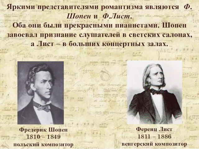 Фредерик Шопен 1810 – 1849 польский композитор Ференц Лист 1811