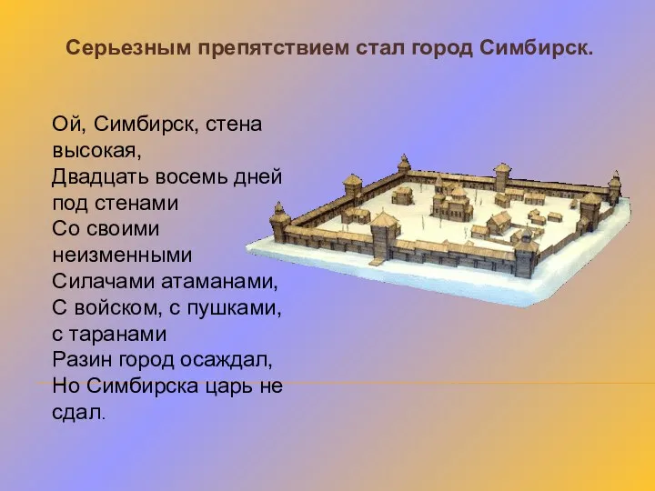 Серьезным препятствием стал город Симбирск. Ой, Симбирск, стена высокая, Двадцать восемь дней под